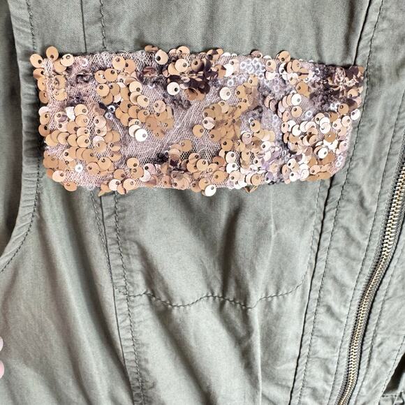 Chico's 100% Cotton Sage Green Gold Sequin Full Zip Military Utility Vest Size L - Picture 4 of 8